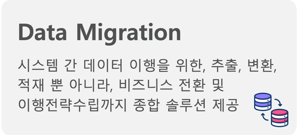 시스템 간 데이터 이행을 위한, 추출, 변환, 적재 뿐 아니라, 비즈니스 전환 및 이행전략수립까지 종합 솔루션 제공